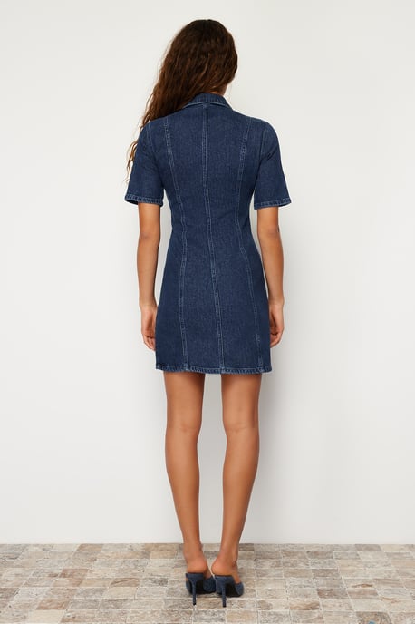 Damen Blau Unifarben Mini Kurzes Lässiges Figurbetontes Kleid - Image 5
