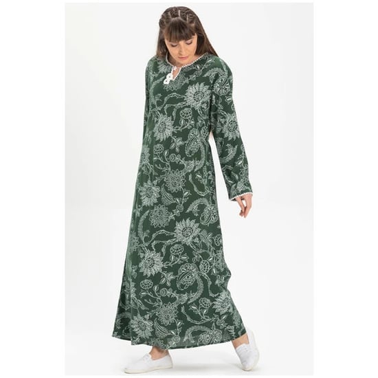 Langärmliges Sommerkleid in Übergröße aus bedrucktem Şile-Stoff mit Platanenmuster, Grün, YSL - Image 4