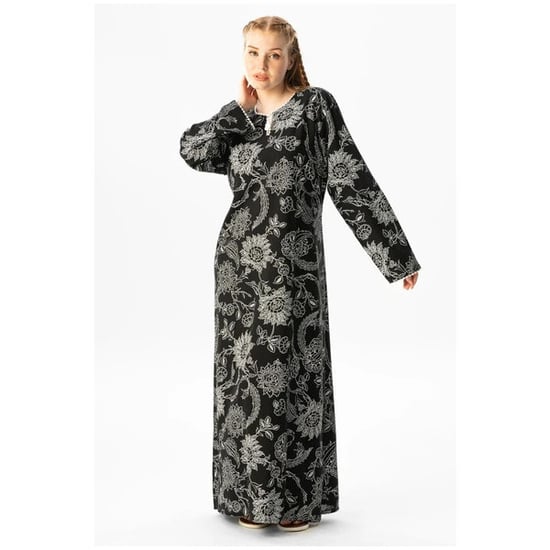 Langärmliges Sommerkleid in Übergröße aus bedrucktem Şile-Stoff mit Platanenmuster, Schwarz, Syh - Image 3