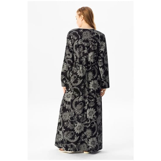 Langärmliges Sommerkleid in Übergröße aus bedrucktem Şile-Stoff mit Platanenmuster, Schwarz, Syh - Image 5