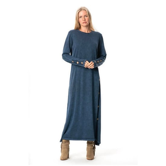 Langärmeliges Strickkleid mit Stehkragen und Knopfleiste, Indigo, Herbst- und Winterkleid - Image 1