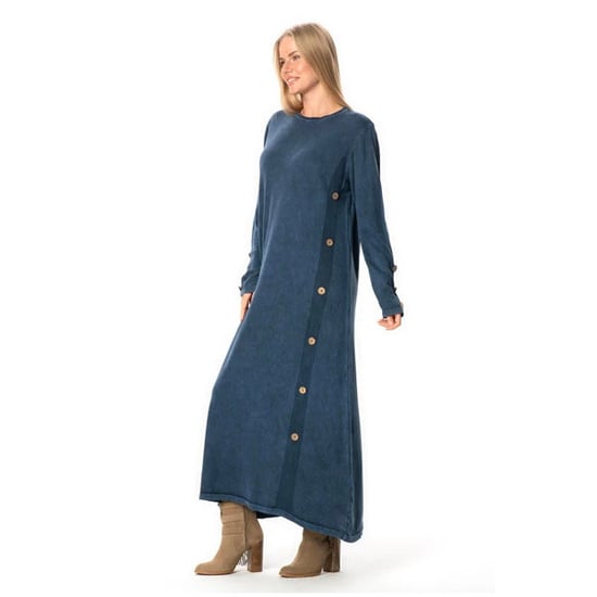 Langärmeliges Strickkleid mit Stehkragen und Knopfleiste, Indigo, Herbst- und Winterkleid - Image 4