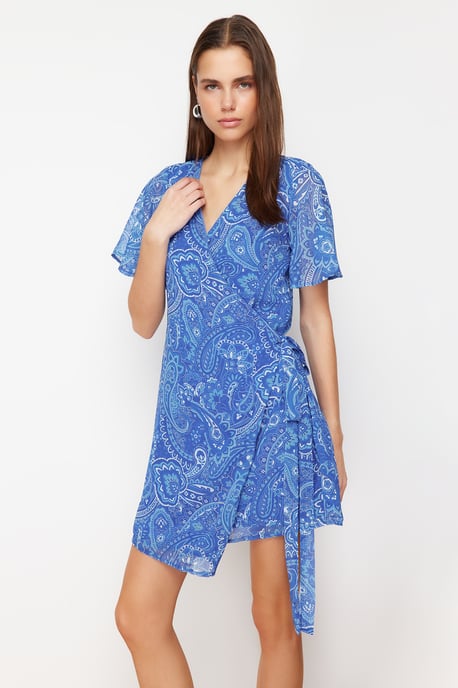 Blau gemusterte Mini-Abendkleider / Wickelkleider für Damen - Image 1