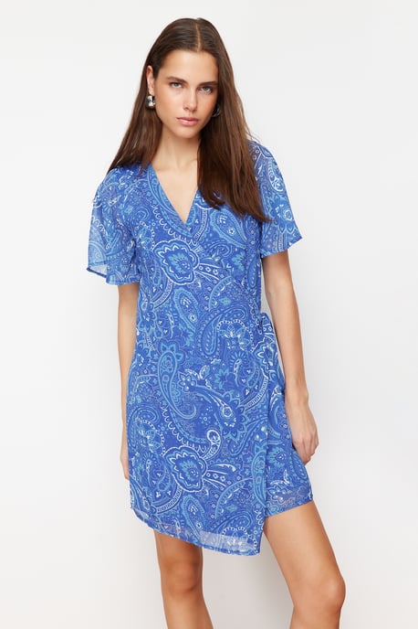 Blau gemusterte Mini-Abendkleider / Wickelkleider für Damen - Image 2