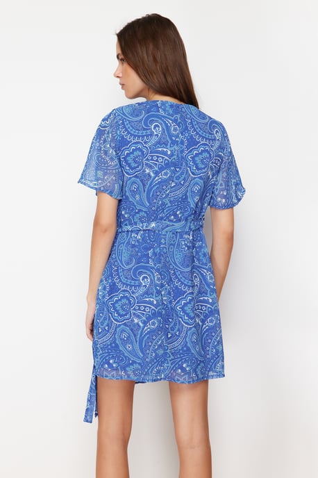 Blau gemusterte Mini-Abendkleider / Wickelkleider für Damen - Image 5