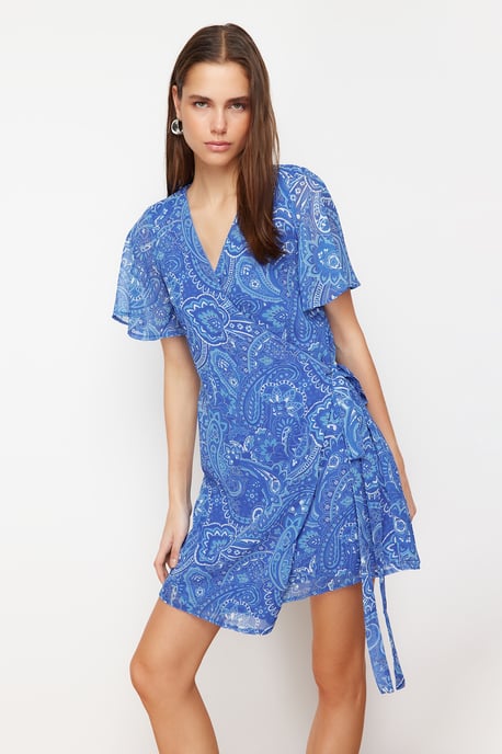 Blau gemusterte Mini-Abendkleider / Wickelkleider für Damen - Image 6