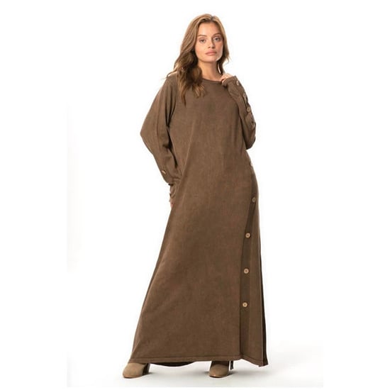 Langärmeliges, braunes Strickkleid mit Rundhalsausschnitt und Knopfleiste für Herbst und Winter. - Image 4
