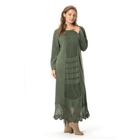 Langärmliges, khakifarbenes Strickkleid mit ethnischem Muster von Sena für Herbst und Winter (HK) - Image 4