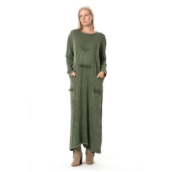 Langärmeliges Strickkleid mit genarbten Taschen, Herbst und Winter, Khaki. - Image 1
