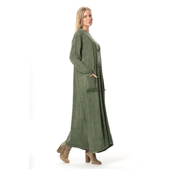 Langärmeliges Strickkleid mit genarbten Taschen, Herbst und Winter, Khaki. - Image 3