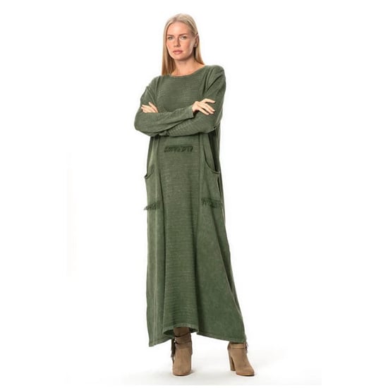 Langärmeliges Strickkleid mit genarbten Taschen, Herbst und Winter, Khaki. - Image 4