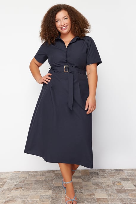 Dunkelblaues, einfarbiges Midi-Kurzkleid von Curve für Damen, lässig, figurbetont, in großen Größen - Image 1