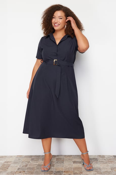 Dunkelblaues, einfarbiges Midi-Kurzkleid von Curve für Damen, lässig, figurbetont, in großen Größen - Image 2