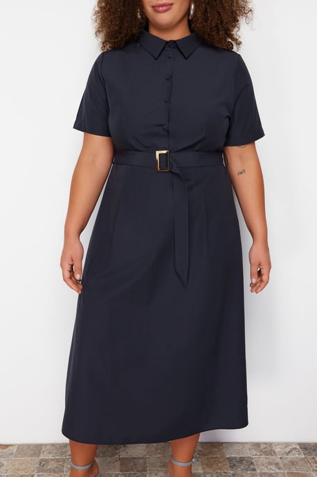 Dunkelblaues, einfarbiges Midi-Kurzkleid von Curve für Damen, lässig, figurbetont, in großen Größen - Image 4