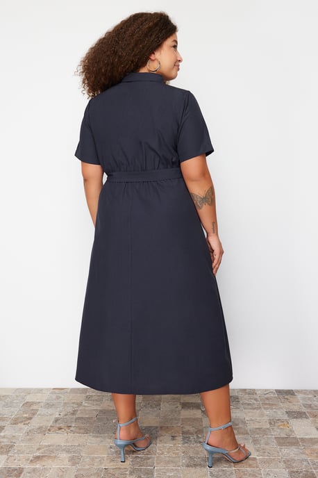 Dunkelblaues, einfarbiges Midi-Kurzkleid von Curve für Damen, lässig, figurbetont, in großen Größen - Image 5
