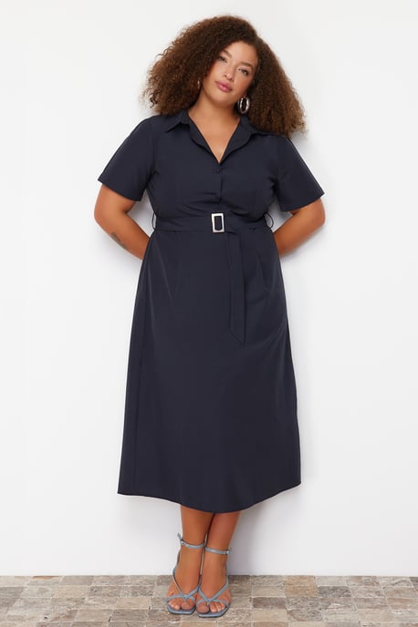 Dunkelblaues, einfarbiges Midi-Kurzkleid von Curve für Damen, lässig, figurbetont, in großen Größen - Image 6