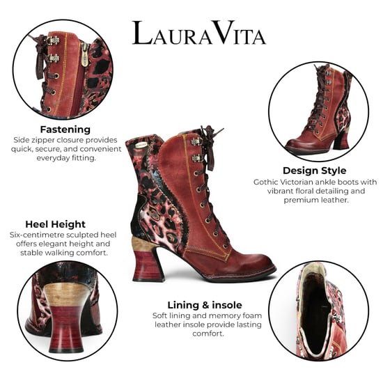 Laura Vita Goth Victorian Floral Wine Lederstiefel mit Schnürung und Absatz – Eleao-42 - Image 2