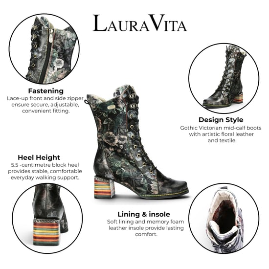 Laura Vita Goth Victorial Floral Schwarze Lederstiefel mit hoher Schnürstiefel – Ibcano-15 - Image 2