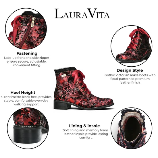 Laura Vita Floral Women, gotische viktorianische rote Lederstiefel mit Absatz – Emcmao-45 - Image 2