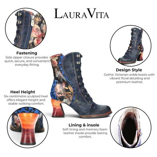 Laura Vita Goth Victorian Floral Blue Lederstiefel mit Schnürstiefel mit Absatz – Eleao-42 - Image 2