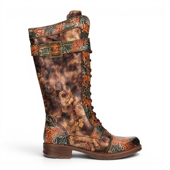 Laura Vita Damenbeige Floral-viktorianische Lederstiefel mit hohen Kampfstiefeln – Anitao-21 - Image 1