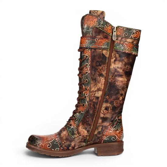 Laura Vita Damenbeige Floral-viktorianische Lederstiefel mit hohen Kampfstiefeln – Anitao-21 - Image 3