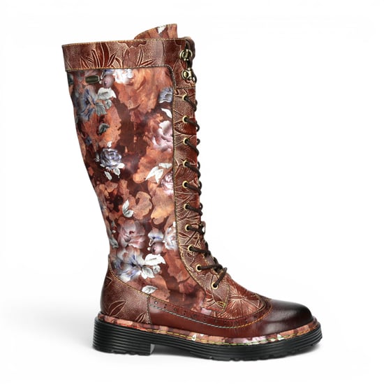 Laura Vita Damen-Maroon-Gotische viktorianische Blumen-Maroon-Leder-Knieschnürstiefel – Incaso-50 - Image 1