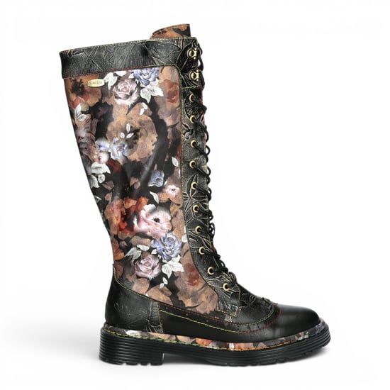 Laura Vita Damen-Maroon-Gothic-Floral-Schwarze Leder-Knie-Schnürstiefel – Incaso-50 - Image 1