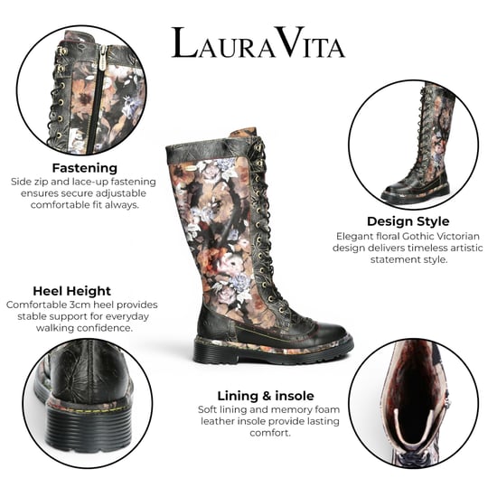 Laura Vita Damen-Maroon-Gothic-Floral-Schwarze Leder-Knie-Schnürstiefel – Incaso-50 - Image 2