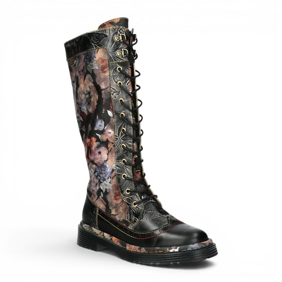 Laura Vita Damen-Maroon-Gothic-Floral-Schwarze Leder-Knie-Schnürstiefel – Incaso-50 - Image 4