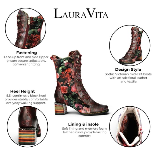 Laura Vita Goth Victorian Floral Wine Leather High Schnürstiefel für Frauen – Ibcano-15 - Image 2