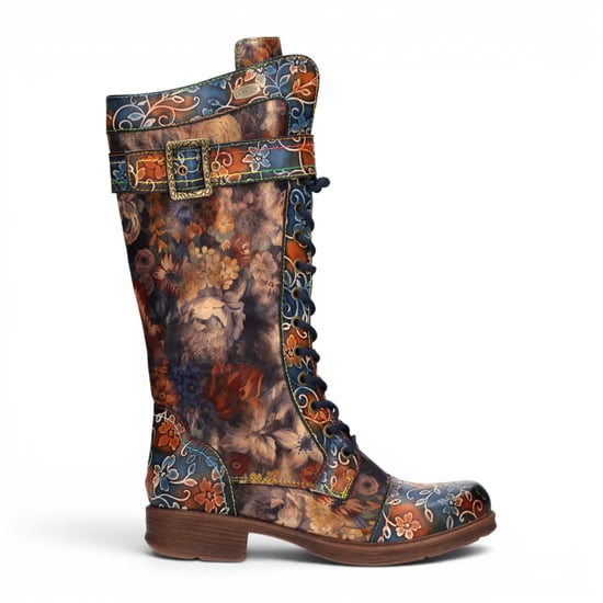 Laura Vita Damen-Blaue Floral-viktorianische Leder-High Combat Long Boots – Anitao-21 - Image 1