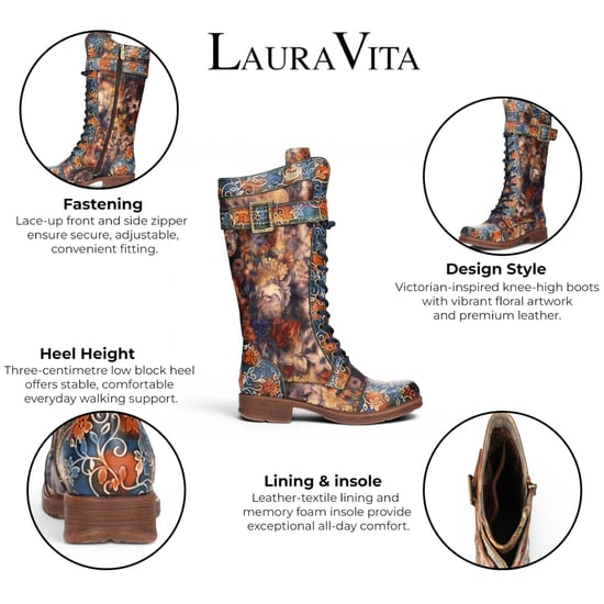 Laura Vita Damen-Blaue Floral-viktorianische Leder-High Combat Long Boots – Anitao-21 - Image 2
