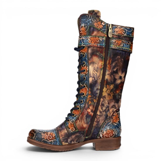 Laura Vita Damen-Blaue Floral-viktorianische Leder-High Combat Long Boots – Anitao-21 - Image 3