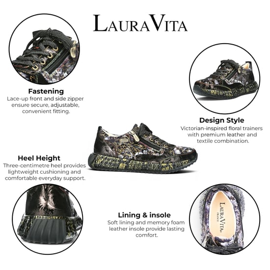 Laura Vita Goth Victorian Floral Black Leather Trainer Sneaker für Frauen – Burton-43 - Image 2