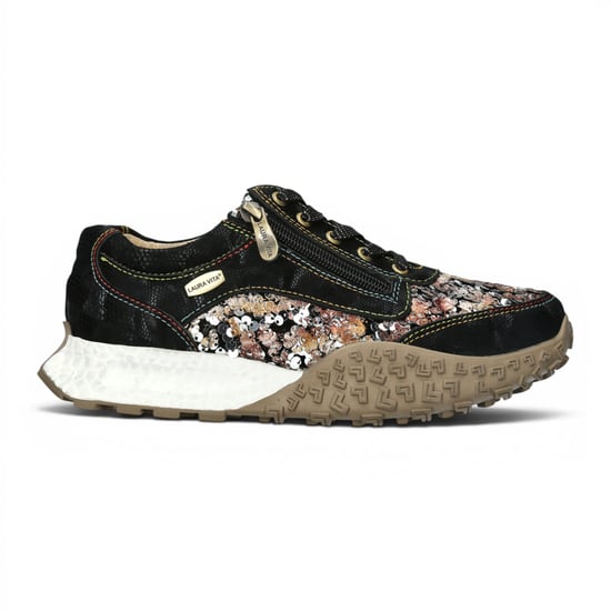 Laura Vita Damen-Schwarze Leder-Sneakerschuhe mit Blumen – Evitao-03 - Image 1