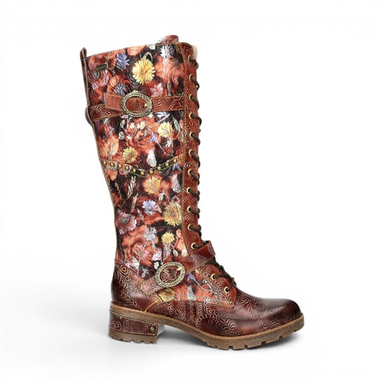 Laura Vita Viktorianische florale Maroon Lederstiefel mit hohen Schnürstiefeln – Cocrailo-82 - Image 1