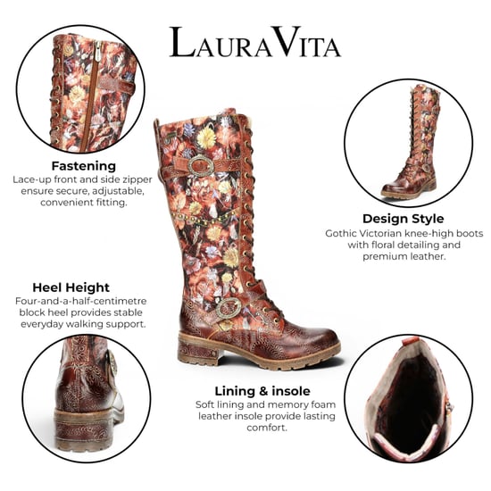 Laura Vita Viktorianische florale Maroon Lederstiefel mit hohen Schnürstiefeln – Cocrailo-82 - Image 2