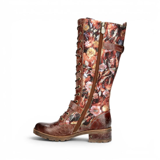 Laura Vita Viktorianische florale Maroon Lederstiefel mit hohen Schnürstiefeln – Cocrailo-82 - Image 3