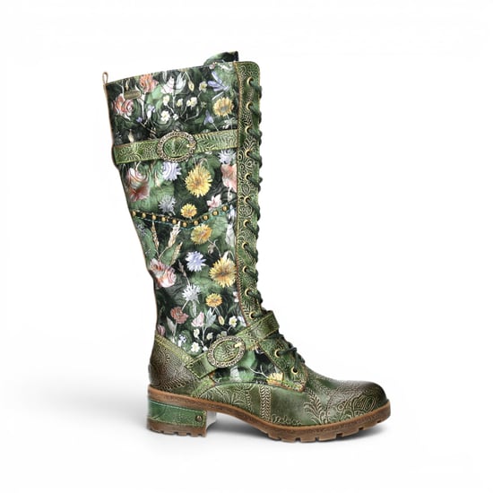 Laura Vita Viktorianische Blumengrüne Lederstiefel mit hoher Schnürung – Cocrailo-82 - Image 1