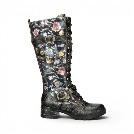 Laura Vita Victorian Floral Black Leather High Lace-Up Long Boots – Cocrailo-82 - Image 1