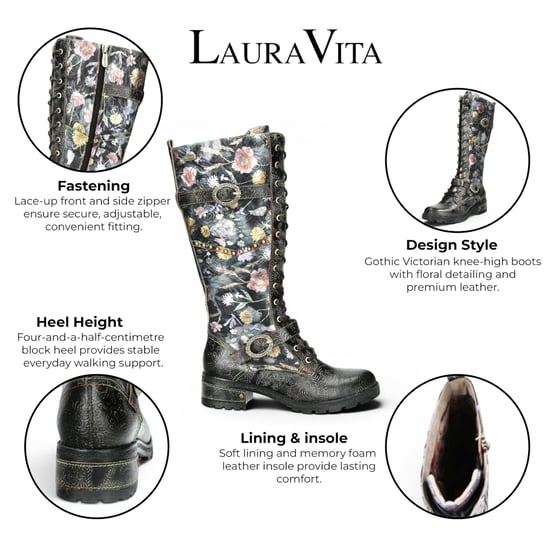 Laura Vita Victorian Floral Black Leather High Lace-Up Long Boots – Cocrailo-82 - Image 2