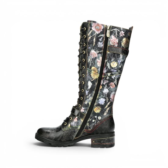 Laura Vita Victorian Floral Black Leather High Lace-Up Long Boots – Cocrailo-82 - Image 3