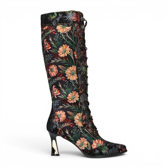 Laura Vita Schwarze viktorianische Blumenlederstiefel mit kniehohem Absatz für Frauen – Oanelo-02 - Image 1