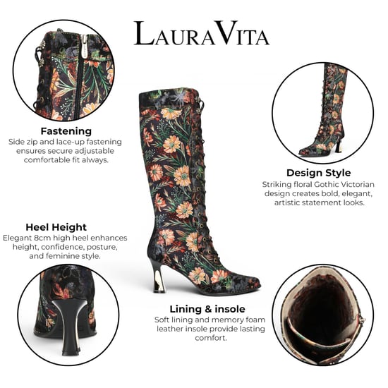Laura Vita Schwarze viktorianische Blumenlederstiefel mit kniehohem Absatz für Frauen – Oanelo-02 - Image 2