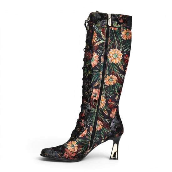 Laura Vita Schwarze viktorianische Blumenlederstiefel mit kniehohem Absatz für Frauen – Oanelo-02 - Image 3