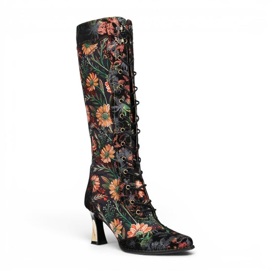 Laura Vita Schwarze viktorianische Blumenlederstiefel mit kniehohem Absatz für Frauen – Oanelo-02 - Image 4