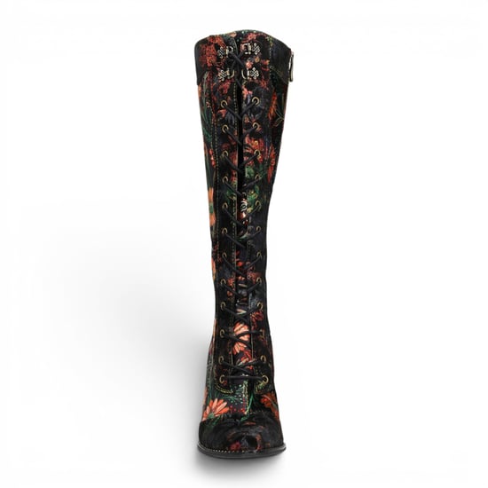 Laura Vita Schwarze viktorianische Blumenlederstiefel mit kniehohem Absatz für Frauen – Oanelo-02 - Image 5