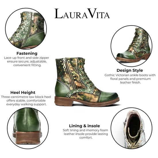 Laura Vita Damen grüne, florale viktorianische Leder-Schnürstiefel – Anitao – 14 - Image 2