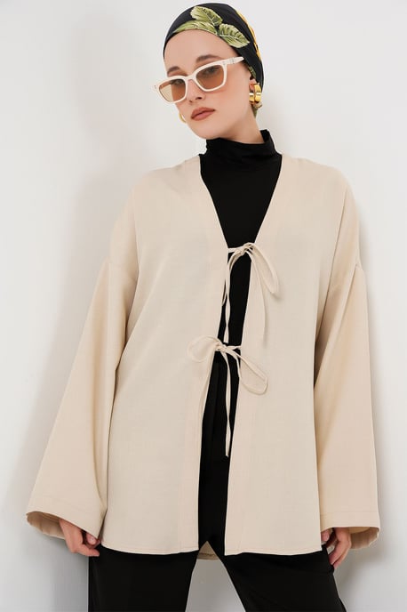 Leinenmischung Langarm-Kimono mit Bindedetail - Image 1